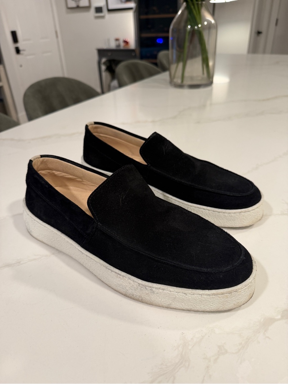 Revu men’s Black Suede Slip-On Loafers with White Sole US13